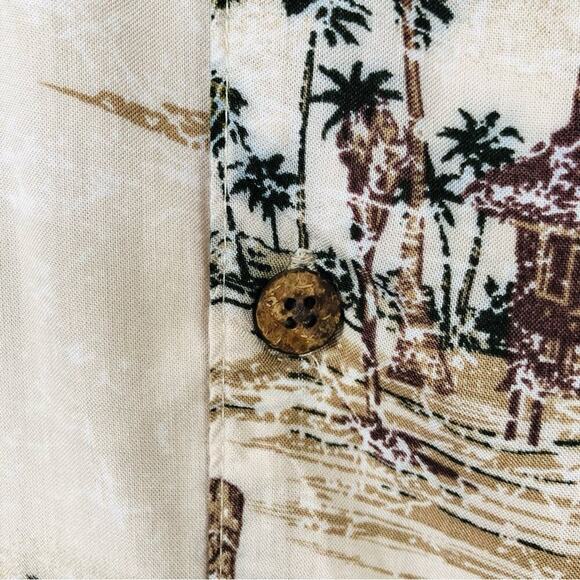 Havana Jack’s Cafe Hawaiian Shirt Small Aloha Tan Palm Tree Beach Coconut Bttns - Picture 5 of 9